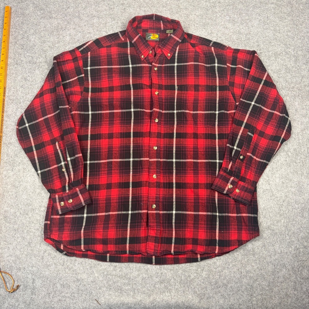 Bass Pro Shops Mens XL Red Black Plaid Flannel Button Down Shirt Long Sleeve